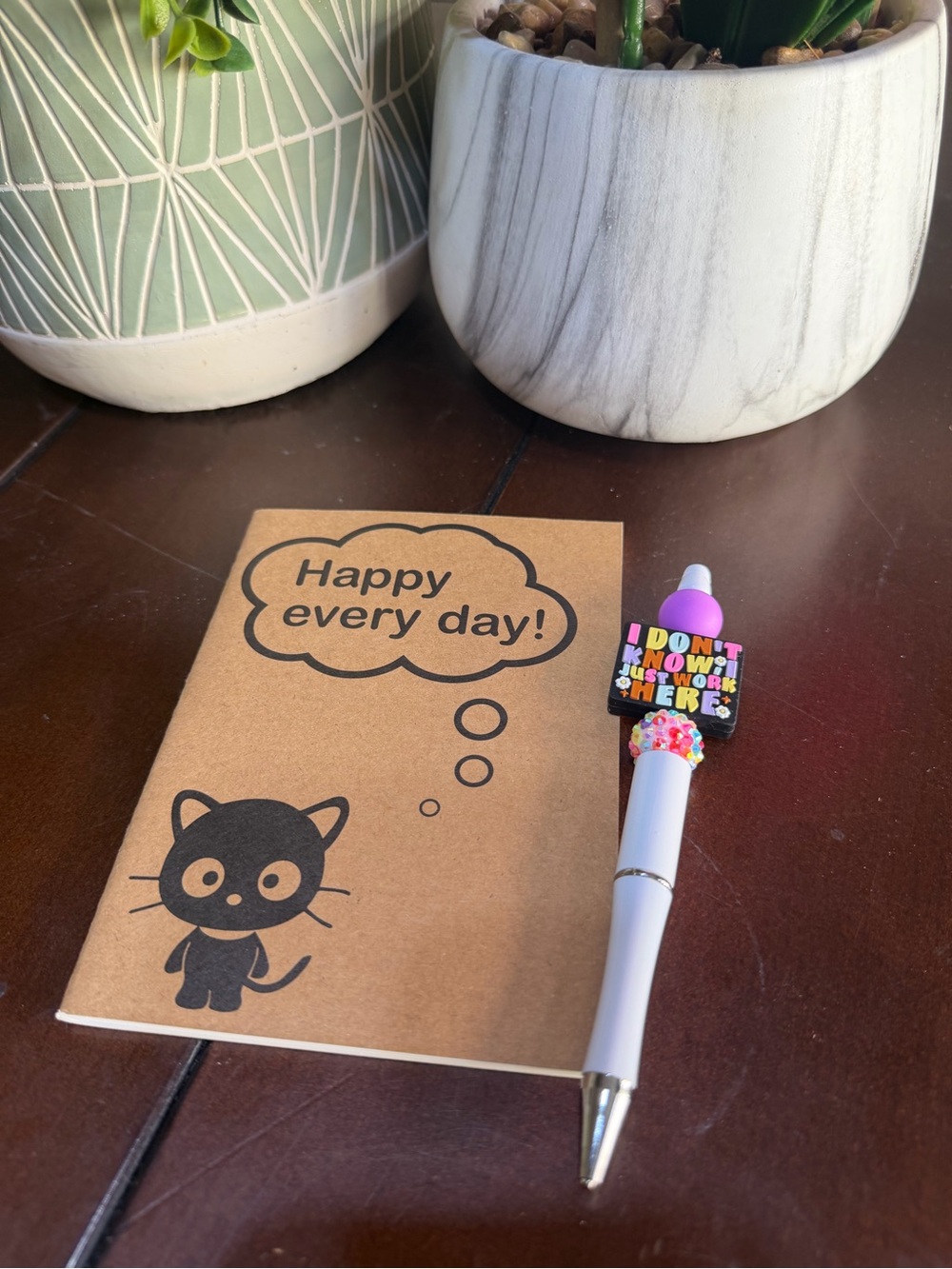 Cute Cat 'Happy every day!' Journal with Decorative Pen.